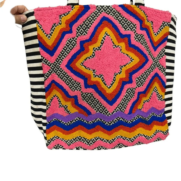 Large boho tote beach bag.  Canvas stripes and bright pattern - Picture 3 of 5